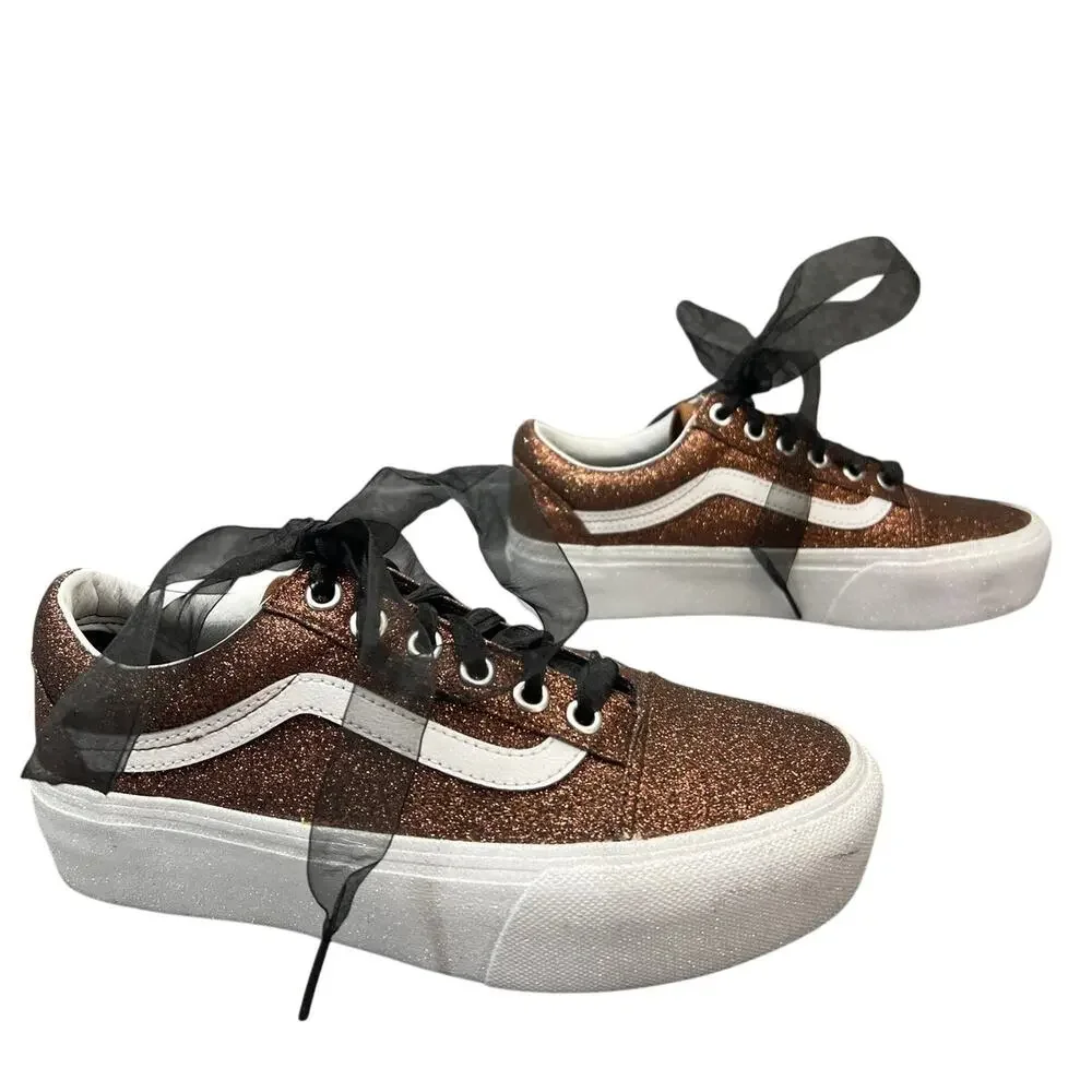 Vans Old Skool Sparkly Bronze Glitter Platform Sole Skate Shoe Sneaker Women 5.5
